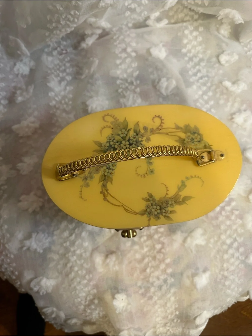 Vintage Yellow/Floral Oval Box purse with Teal Interior